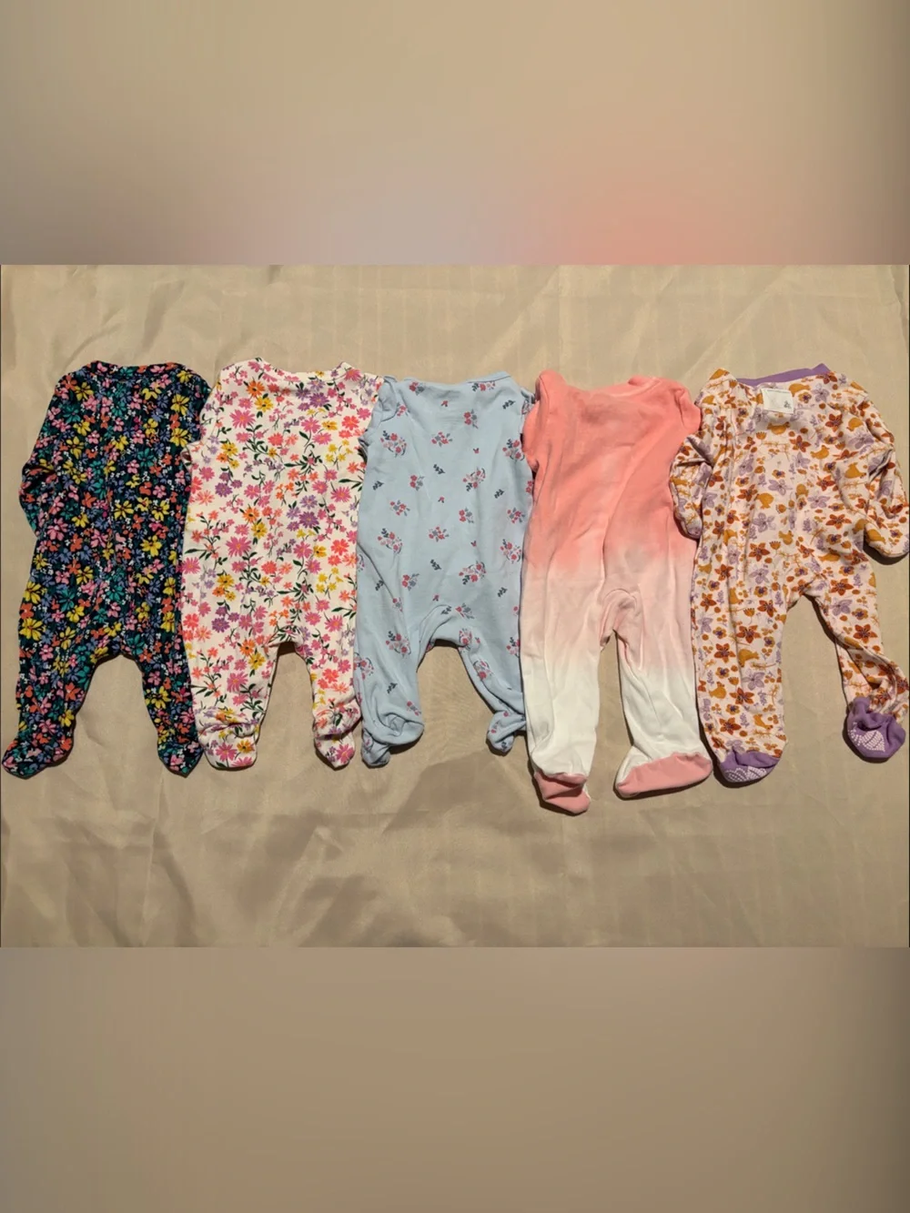 5 Pack Multi Brand Baby Girls Floral & Pastel Footed One-Piece Sleepers -